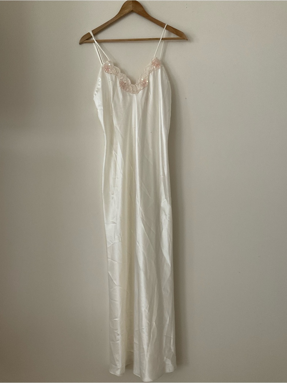 NWT Vintage Floral Sequin Bead Embroidered Lace Slip Gown Dress Maxi Ivory 80s